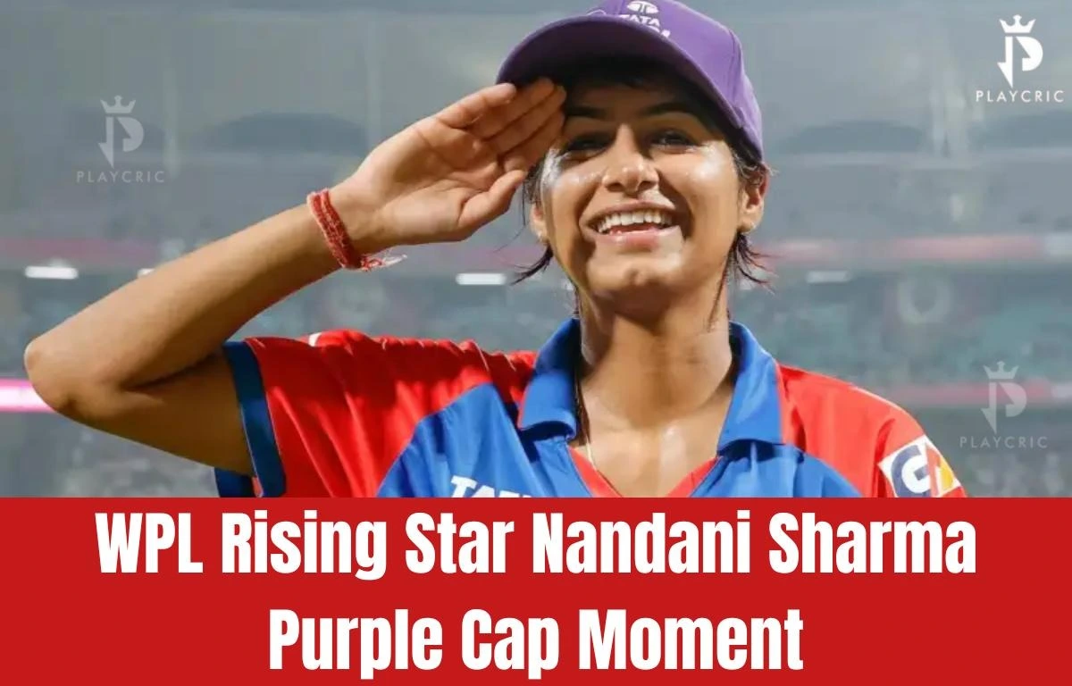 Nandani Sharma wearing the Purple Cap after her 5-wicket haul.