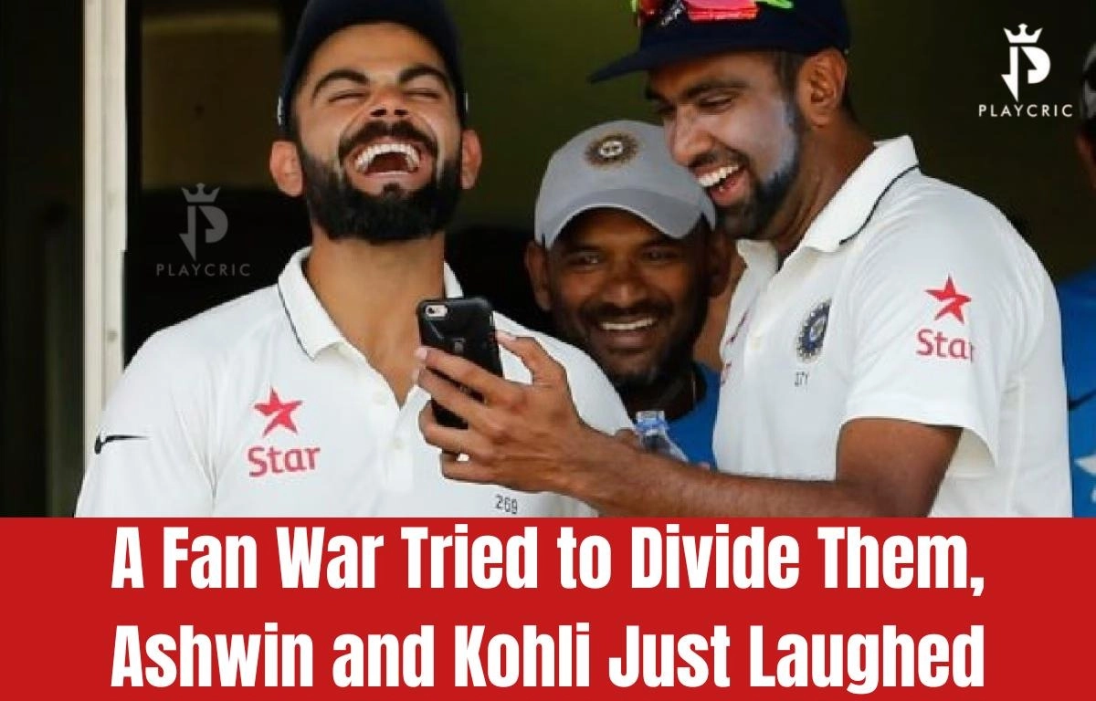 Ravichandran Ashwin and Virat Kohli laughing together to dismiss social media rumors.
