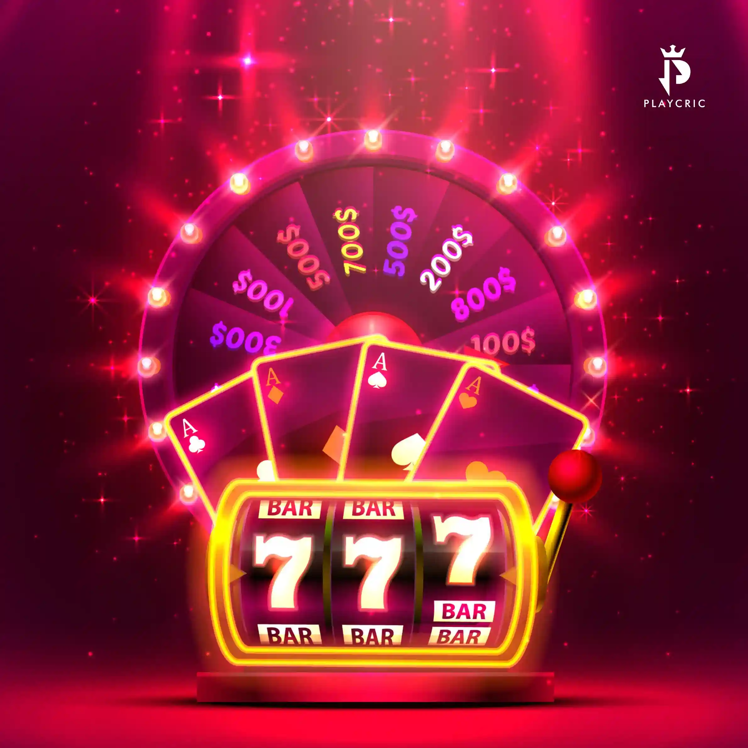 A vibrant pink graphic for Playcric featuring a lucky 