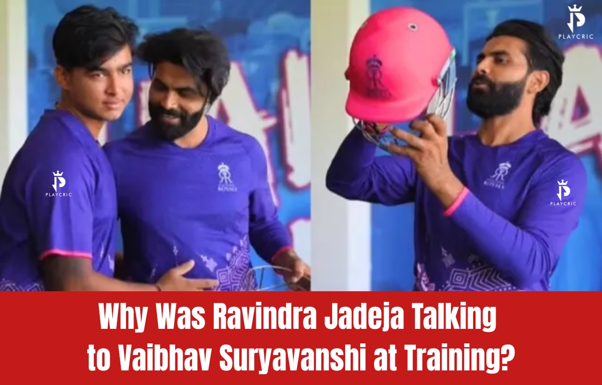 Ravindra Jadeja interacting with 14-year-old Vaibhav Suryavanshi during the IPL 2026 training camp in Jaipur, highlighting mentoring moments.