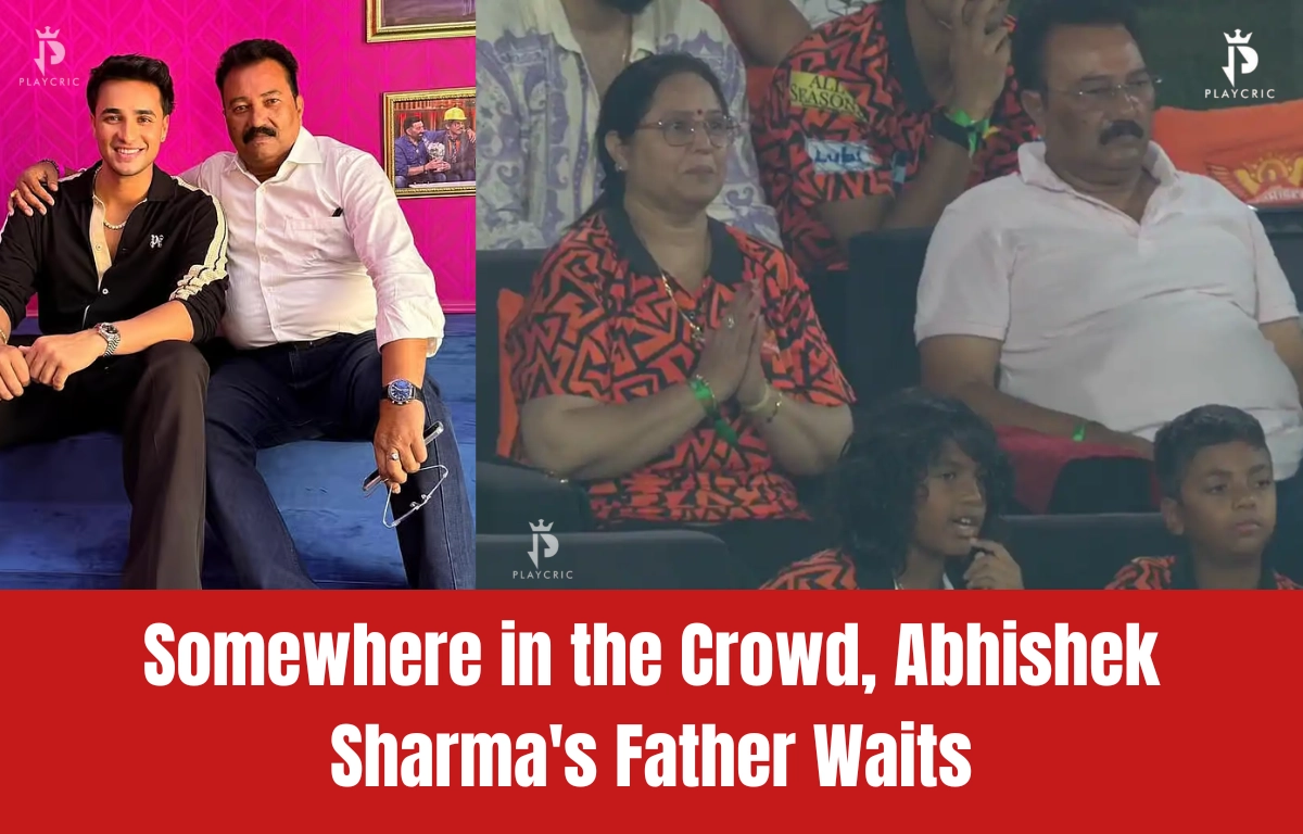 Abhishek Sharma’s father sitting in the stadium stands watching an IPL match, captured during his son’s record-breaking batting performance.