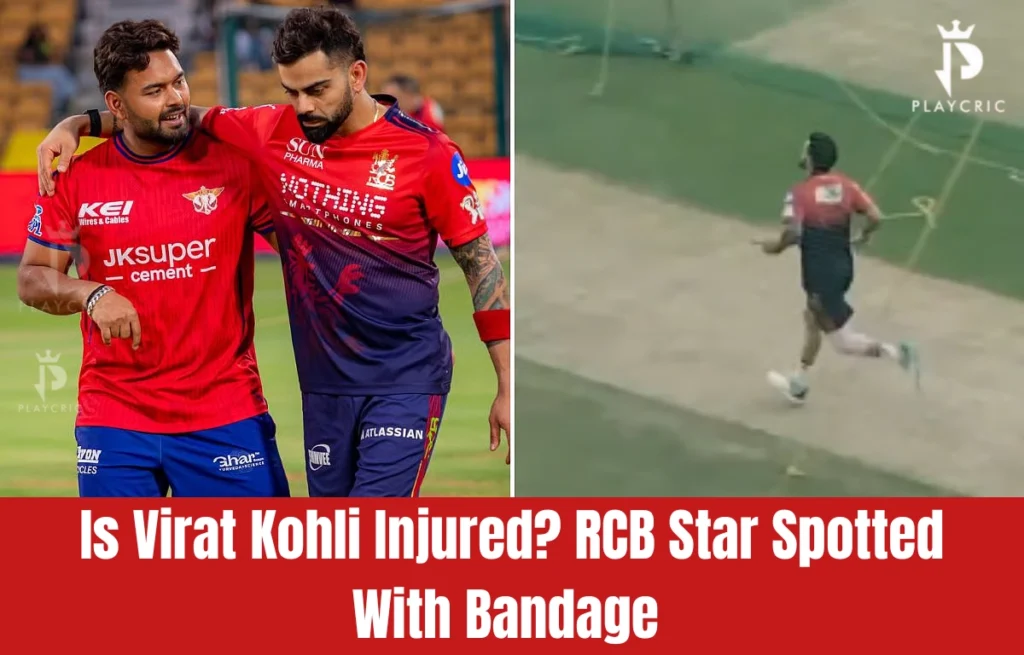 Virat Kohli injury IPL 2026 concern as RCB star seen with leg bandage during training ahead of LSG match.