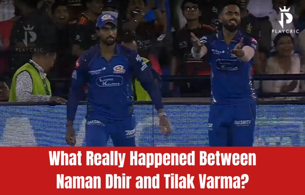 Naman Dhir and Tilak Varma arguing near boundary during MI vs RCB match in IPL 2026.