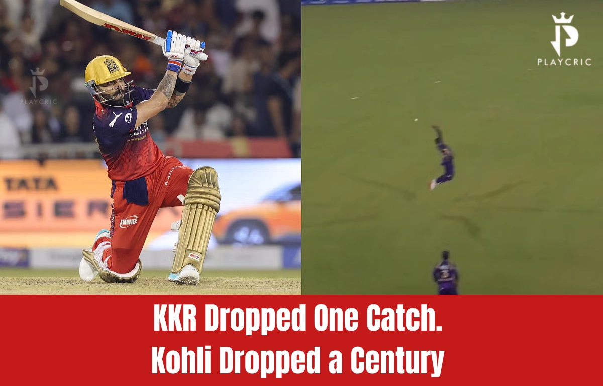 Virat Kohli celebrating his century during RCB vs KKR IPL 2026 after a dropped catch.