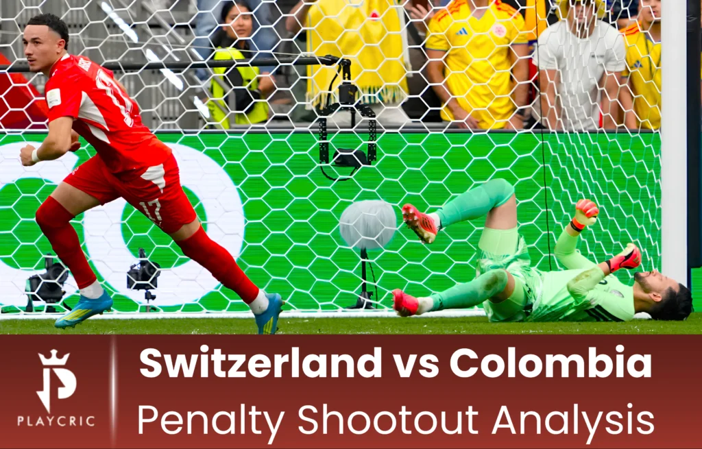 Switzerland and Colombia players during a FIFA World Cup knockout match that ended in a dramatic penalty shootout victory for Switzerland.