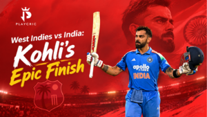 West Indies vs India showing Virat Kohli celebrating his century and winning six