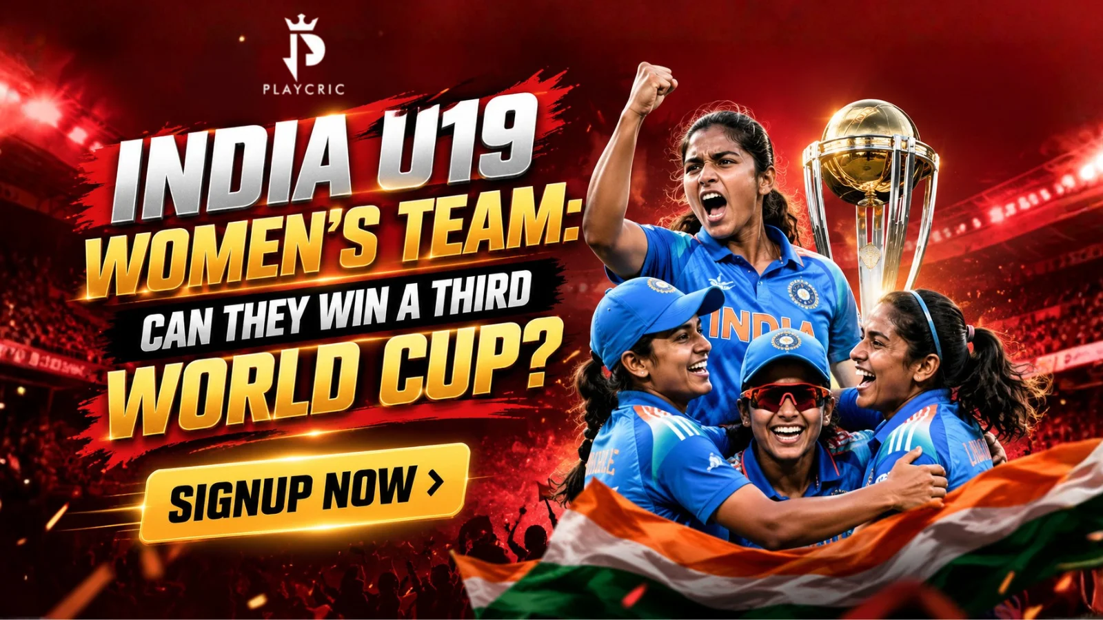 India U19 women’s cricket team celebrating their Under-19 Women’s T20 World Cup victory.